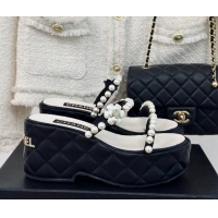 Best Grade Chanel Quilted Lambskin and Pearls Wedge Platform Slide Sandals 7cm Black 223098