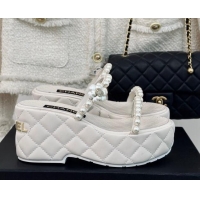 Charming Chanel Quilted Lambskin and Pearls Wedge Platform Slide Sandals 7cm White 0223100