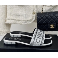 Grade Quality Chanel Crystals Flat Slide Sandals with Logo Band White 0223102