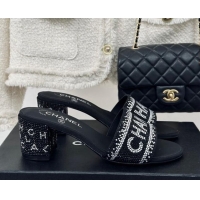 Good Product Chanel Crystals Heel Slide Sandals 6cm with Logo Band Black 0223103