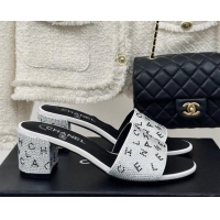 Best Product Chanel Crystals Heel Slide Sandals 6cm with Letterings White 0223108