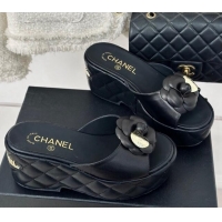 Luxury Chanel Camellia Bloom Calfskin Wedge Platform Slide Sandals 7.5cm Black 0224001