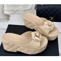 Discount Chanel Camellia Bloom Calfskin Wedge Platform Slide Sandals 7.5cm Beige 0224002