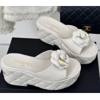 Luxury Chanel Camellia Bloom Calfskin Wedge Platform Slide Sandals 7.5cm White 0224003