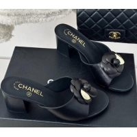 Popular Style Chanel Camellia Bloom Calfskin Heel Slide Sandals 6.5cm Black 0224004