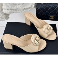 Cheap Price Chanel Camellia Bloom Calfskin Heel Slide Sandals 6.5cm Beige 0224005