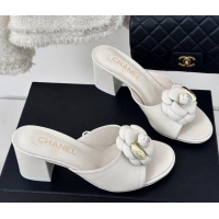 Durable Chanel Camellia Bloom Calfskin Heel Slide Sandals 6.5cm White 0224006