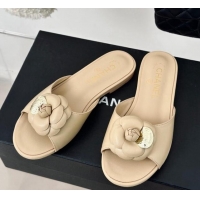 Most Popular Chanel Camellia Bloom Calfskin Flat Slide Sandals 1.5cm Beige 0224008