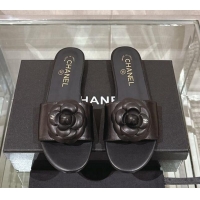 Durable Chanel Camellia Bloom Lambskin Flat Slide Sandals 1cm G45499 Black 0224010