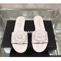 Perfect Chanel Camellia Bloom Lambskin Flat Slide Sandals 1cm G45499 White 0224013