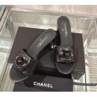 Pretty Style Chanel Camellia Bloom Lambskin Heel Slide Sandals 7cm Black 0224011