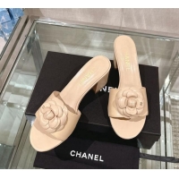 Grade Quality Chanel Camellia Bloom Lambskin Heel Slide Sandals 7cm Beige 0224014