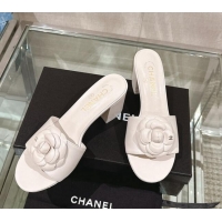 Unique Style Chanel Camellia Bloom Lambskin Heel Slide Sandals 7cm White 0224015