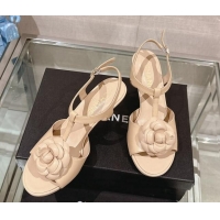 Buy Duplicate Chanel Camellia Bloom Lambskin Leather Heel Sandals 7cm Beige 0224017