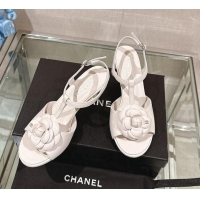 Best Price Chanel Camellia Bloom Lambskin Leather Heel Sandals 7cm White 0224018