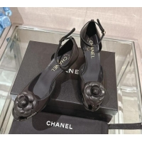 Affordable Price Chanel Camellia Bloom Lambskin Pumps 7cm with Ankle Strap Black 0224022