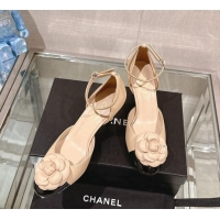 New Design Chanel Camellia Bloom Lambskin Pumps 7cm with Ankle Strap Beige 0224023