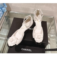 Best Luxury Chanel Camellia Bloom Lambskin Pumps 7cm with Ankle Strap White 0224024