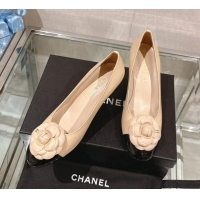 Low Price Chanel Camellia Bloom Lambskin & Patent Calfskin Pumps 7cm Beige 0224029