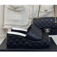 Elegant Chanel Quilted Lambskin Wedge Platform Slide Sandals 6.5cm Black 0224031