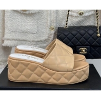 New Style Chanel Quilted Lambskin Wedge Platform Slide Sandals 6.5cm Beige 0224032