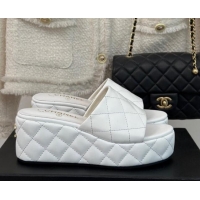 Duplicate Chanel Quilted Lambskin Wedge Platform Slide Sandals 6.5cm White 0224033