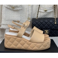 Top Quality Chanel Lambskin Wedge Platform Sandals 6.5cm with Bloom CC Beige 0224036