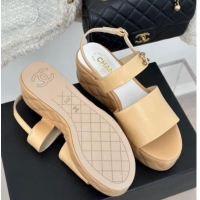 Top Quality Chanel Lambskin Wedge Platform Sandals 6.5cm with Bloom CC Beige 0224036