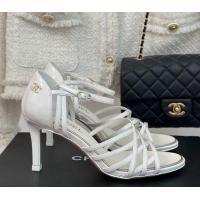 Top Quality Chanel Shiny Calfskin Heel Sandals 7cm White 224037