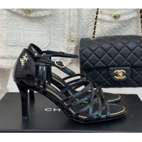 Low Price Chanel Shiny Calfskin Heel Sandals 7cm Black 224038