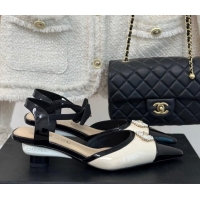 Pretty Style Chanel Calfskin Heel Sandals 3.5cm with Pearl Clover and Bow Light Beige 0224051