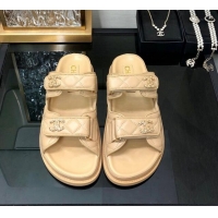 Low Price Chanel Quilted Lambskin Flat Strap Slide Sandals with Chain CC Beige 0224053