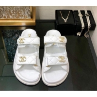 Purchase Chanel Quilted Lambskin Flat Strap Slide Sandals with Chain CC White 0224057