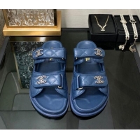 Good Quality Chanel Quilted Lambskin Flat Strap Slide Sandals with Chain CC Dark Blue 0224058