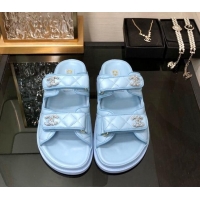 Classic Hot Chanel Quilted Lambskin Flat Strap Slide Sandals with Chain CC Light Blue 0224059