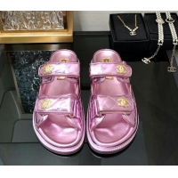 Top Grade Chanel Metallic Oil Calfskin Flat Strap Slide Sandals with Metal CC Light Pink 0224060