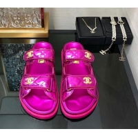 Most Popular Chanel Metallic Oil Calfskin Flat Strap Slide Sandals with Metal CC Dark Pink 0224062