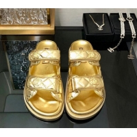 Classic Hot Chanel Metallic Oil Calfskin Flat Strap Slide Sandals with Metal CC Gold 0224063