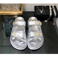 Pretty Style Chanel Metallic Oil Calfskin Flat Strap Slide Sandals with Metal CC Silver 0224061