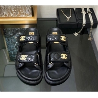 Buy Discount Chanel Oil Calfskin Flat Strap Slide Sandals with Metal CC Black 0224064