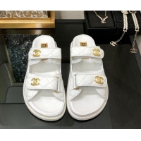 Best Grade Chanel Oil Calfskin Flat Strap Slide Sandals with Metal CC White 0224065