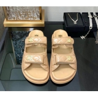 Best Price Chanel Oil Calfskin Flat Strap Slide Sandals with Metal CC Beige 0224066