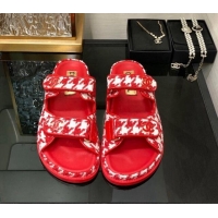 Purchase Chanel Houndstooth Fabric Flat Strap Slide Sandals with One-Tone CC Red 0224068