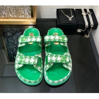 Good Quality Chanel Houndstooth Fabric Flat Strap Slide Sandals with One-Tone CC Green 0224069