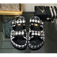 Grade Quality Chanel Houndstooth Fabric Flat Strap Slide Sandals with One-Tone CC Black 0224070