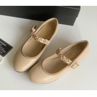 Best Grade Chanel Mary Janes Shoes with Badge in Calfskin Leather Beige 031106