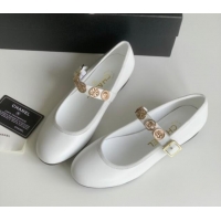 Grade Quality Chanel Mary Janes Shoes with Badge in Calfskin Leather White 031108