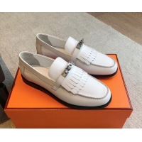 Good Looking Hermes Destin Loafers in Fringed Calfskin with Kelly Buckle White/Silver 226087