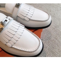 Good Looking Hermes Destin Loafers in Fringed Calfskin with Kelly Buckle White/Silver 226087