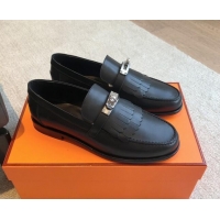 Unique Style Hermes Destin Loafers in Fringed Calfskin with Kelly Buckle Black/Silver 0226088